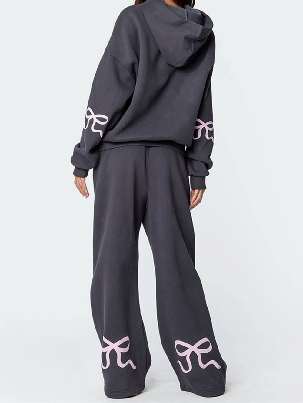 Edikted Charcoal Gray Hoodie with Pale Pink Bow Accents (just hoodie)